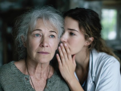 A young carer lovingly looks after a senior citizen in a nursing home, nursing home, symbolic image