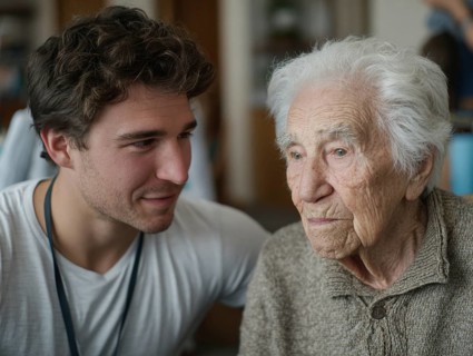 A young carer lovingly looks after a senior in an old people's home, nursing home, symbolic image