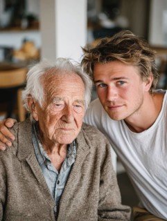 A young carer lovingly looks after a senior in an old people's home, nursing home, symbolic image