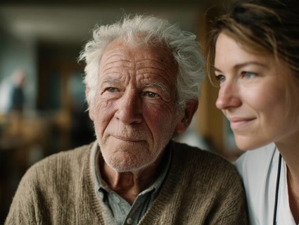 A young carer lovingly looks after a senior in a retirement home, nursing home, symbolic image for
