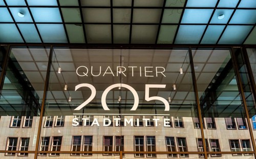 Main entrance to commercial property, partially vacant Shopping Quartier 205 on Friedrichstrasse