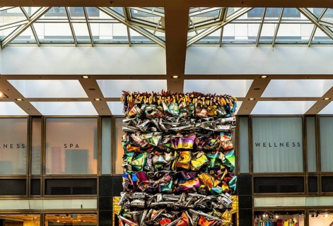 Interior design, artwork made from compressed scrap cars, partially vacant Shopping Quartier 205 in