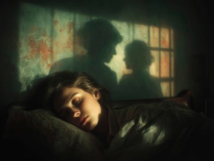 Sleeping woman with mystical shadow silhouettes in the background, symbolic image for sleep, event