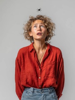 A woman looks in horror at a spider dangling from the ceiling, symbolising spider fear,