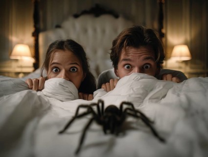Two people in bed looking frightened at a spider crawling across the bedspread, symbolic image for
