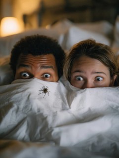 Two people in bed looking frightened at a spider crawling across the bedspread, symbolic image for