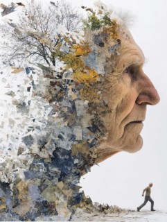 Double exposure of an elderly man and decaying parts of a landscape, symbolic image for memory
