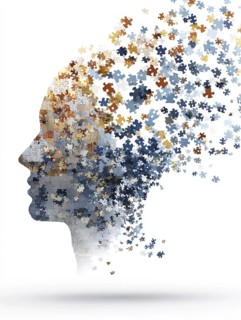 Illustration, graphic of a face made of puzzle pieces that spread out, symbolic image for dementia,