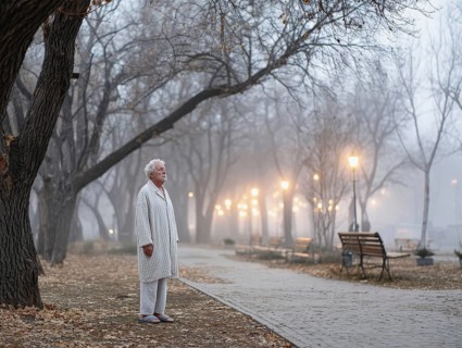 An elderly man in pyjamas stands in a cold, wintry environment, looking confused, helpless and