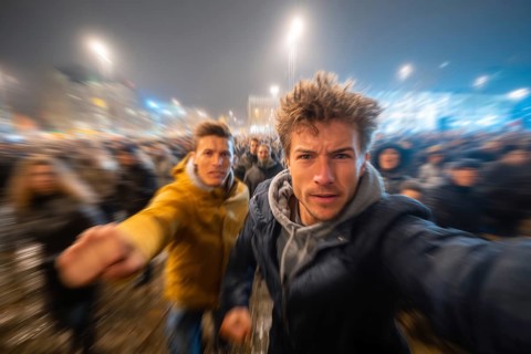 Two men in fighting pose on a rainy street at night, surrounded by lights, symbolic image for