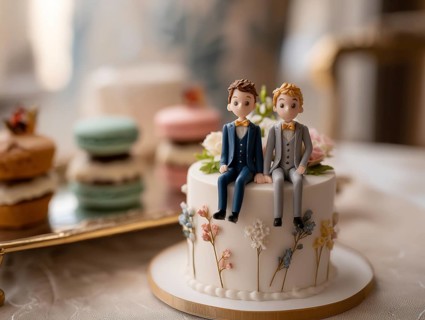 Wedding cake with male bride and groom topper and floral decoration, symbolic image for same-sex
