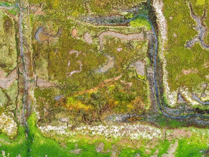 Top Down over River Hamble Mud at low tide from drone, Swanwick, Southampton, Hampshire, England,