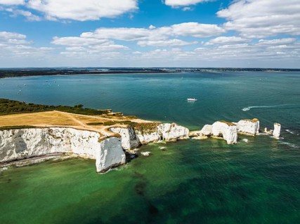 White Cliffs of Old Harry Rocks Jurassic Coast from a drone, Handfast Point, Dorset Coast, Poole,