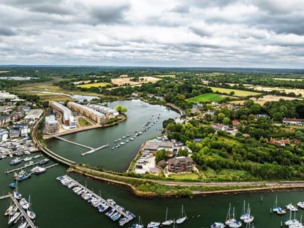 Lymington River and marina from drone, Lymington, New Forest, Hampshire, England, United Kingdom
