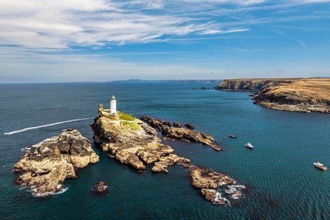 Godrevy Lighthouse from a drone, Godrevy Island, St Ives Bay, Cornwall, England, United Kingdom