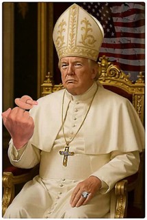 Symbolic image, Pope Donald, the world pays homage, finger pointing, signet ring with Bitcoin,