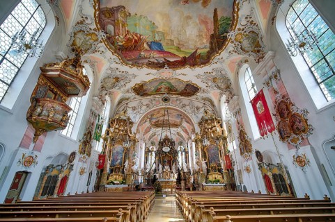 Interior, choir, main altar, pulpit, Catholic parish church of St Ulrich, Rococo, Seeg, Ostallgäu,