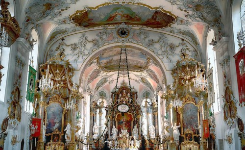 Interior view, choir, main altar, Catholic parish church of St Ulrich, Rococo, Seeg, Ostallgäu,