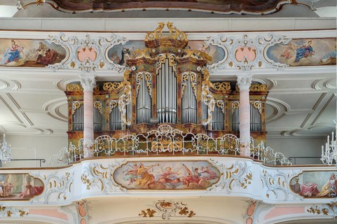 Interior photo, organ, organ loft, Catholic parish church of St Ulrich, Rococo, Seeg, Ostallgäu,