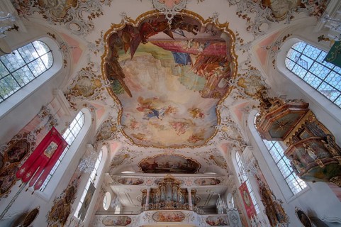 Interior, ceiling, ceiling fresco, main fresco by Enderle with the Trinity scene, naval battle of