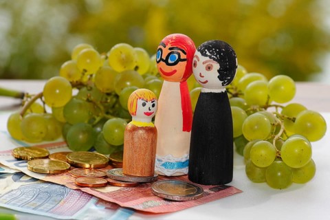Wooden cone family with grapes and coins and banknotes, North Rhine-Westphalia, Germany