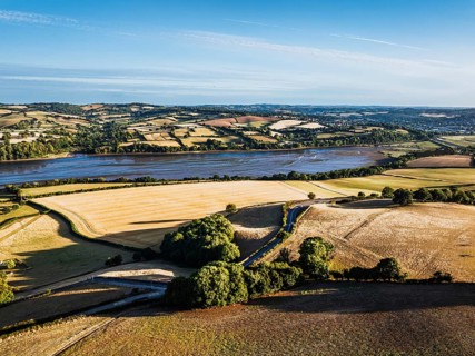 Farms and Fields over River Teign and Teignmouth Road from drone, Newton Abbot, Devon, England,
