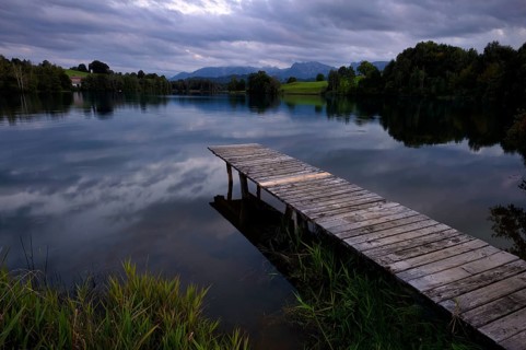 Bathing jetty, jetty, wooden jetty, jetty, leads into a lake, bathing lake, Schwaltenweiher near