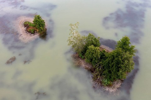Aerial view, islands in the Drau, river, Carinthia, Austria