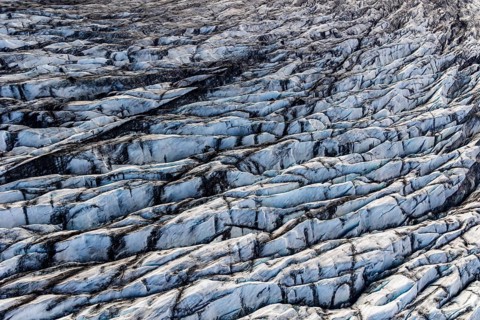 Glacier, crevasses, ice, aerial view, black ice, climate change, summer, Skeidararjökull,