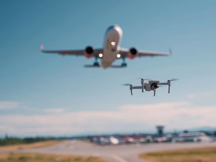 Ein Quadrocopter, Drohne, droht mit einem startenden Verkehrsflugzeug zu kollidieren, während ein