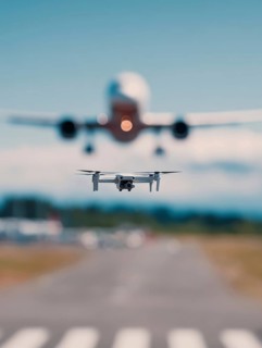 Ein Quadrocopter, Drohne, droht mit einem startenden Verkehrsflugzeug zu kollidieren, während ein
