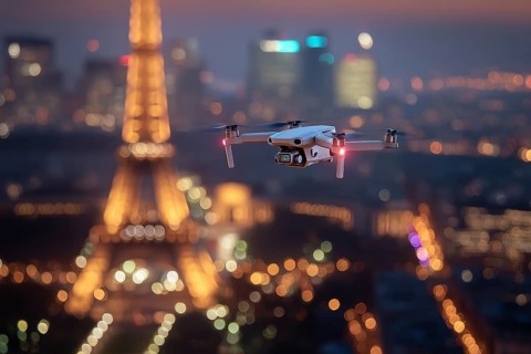 Ein Fernpilot steuert sein Quadrocopter, Drohne illegal über dichtbesiedeltes Stadtgebiet an einem