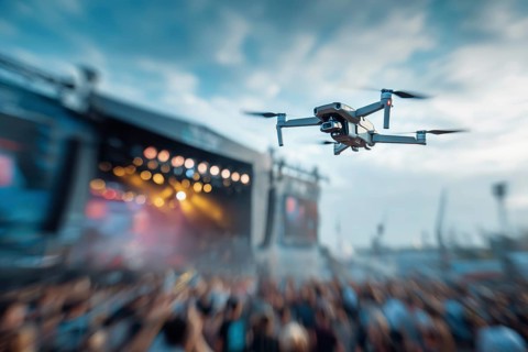 Ein Fernpilot steuert sein Quadrocopter, Drohne illegal über ein Open-Air Musik Konzert mit vielen