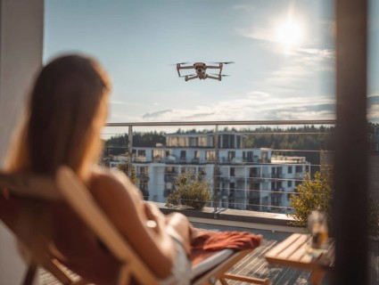 Ein Fernpilot steuert sein Quadrocopter, Drohne in einem dicht besiedeltem Wohngebiet und nähert