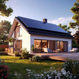 Residential house with solar panels on the roof, beautiful sunrise, AI generated