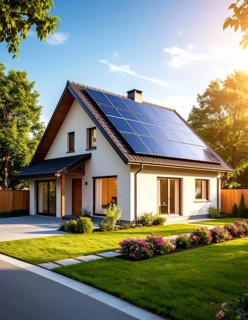 Residential house with solar panels on the roof, beautiful sunrise, AI generated