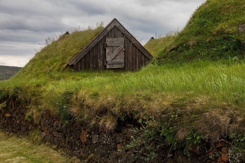 Grass sod house settlement Grenjadarstadur with church, Thingeyjarsveit municipality, North