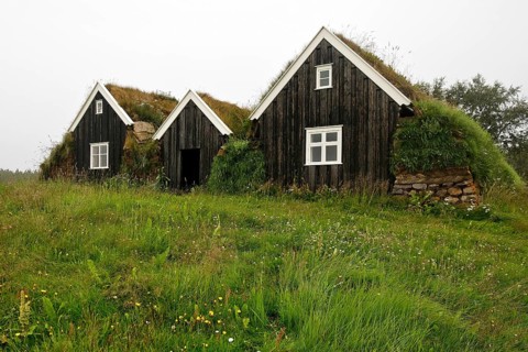 Nyibær, a medium-sized farmhouse with a sod roof, now a museum, Holar, Iceland