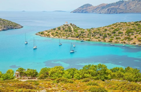 Panormitis bay, high angle view, Panormitis, Symi Island, Dodecanese Islands, Greece