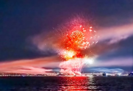 Lake Night Festival Constance. Water fireworks over the German shore and the neighbouring Swiss