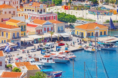 Gialos Harbour, high angle view, Symi Island, Dodecanese Islands, Greece