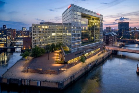 Aerial view of the Spiegel building at Ericusspitze in Hamburg's HafenCity in the Brooktorkai