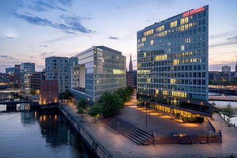 Aerial view of the Spiegel building at Ericusspitze in Hamburg's HafenCity in the Brooktorkai