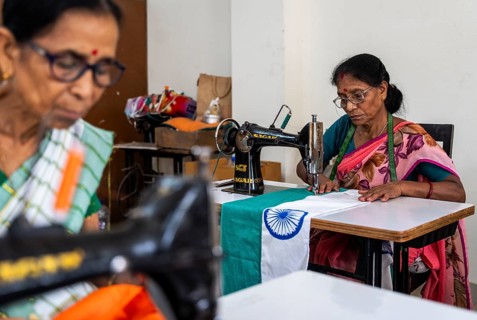 Employees of the Assam Khadi and Village Industries Board stitching in a manufacturing unit of