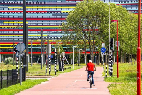 Cycle path through the university campus in Utrecht Science Park, Utrecht University, colourful