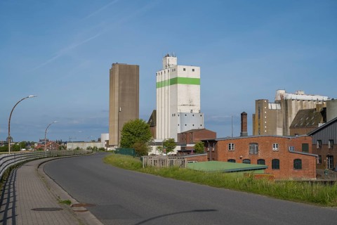Grain silos, warehouses, land trade, outer harbour, Husum, North Frisia, North Sea,