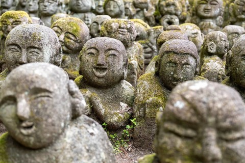 Rakan statues at Otagi Nenbutsuji Temple, stone, moss-covered, Ukyo-ku, Kyoto, Kyoto Prefecture,