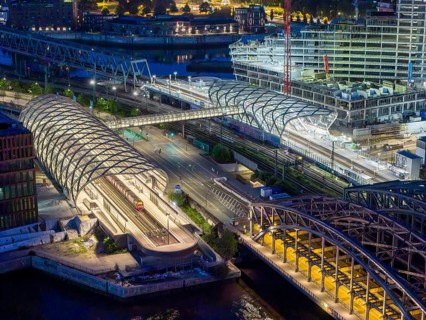 Blue hour aerial view of the Hamburg Elbbrücken U4 underground and suburban railway station and the