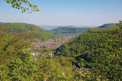 View from Lichtenstein Castle, view of the Echatztal valley, Honau, Unterhausen at the back,