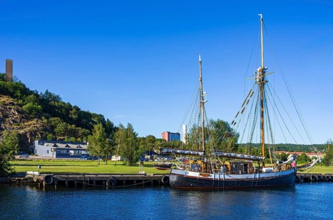 The ketch TS BRITTA is moored at the quay in the guest harbour of Uddevalla, Bohuslän, Västra